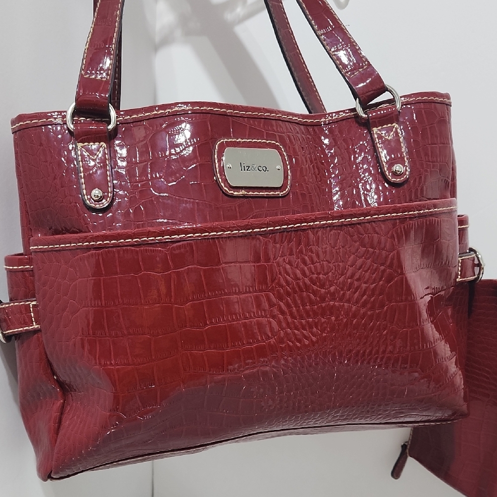Liz & Co. Red Croc-Embossed Shoulder Bag with Glossy Finish